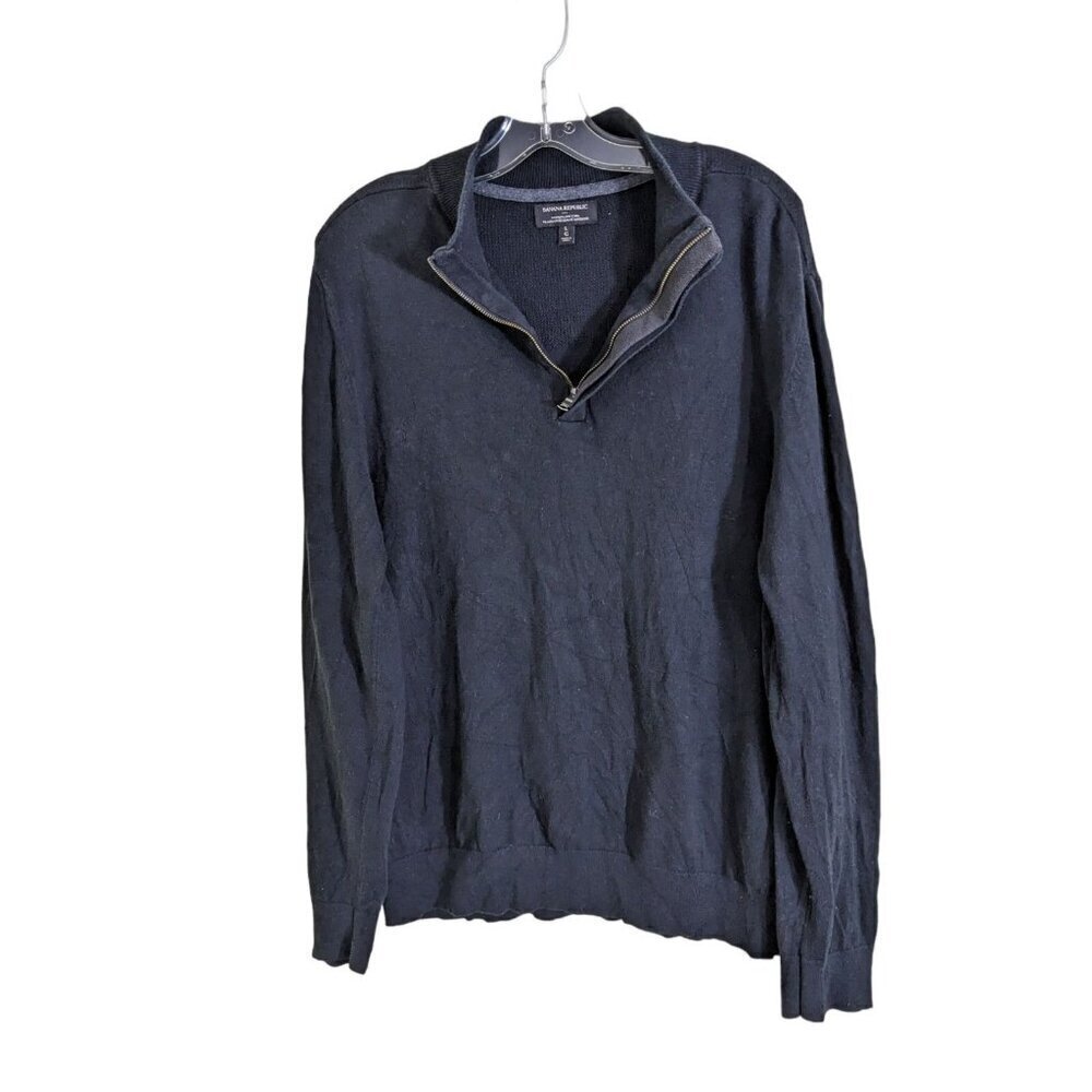 Banana Republic Mens L Sweater Cotton Silk Premium Luxe Yarn Black Quarter Zip
